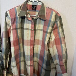 Allison Daley 18W button down plaid tab sleeved shoulder pads blouse
